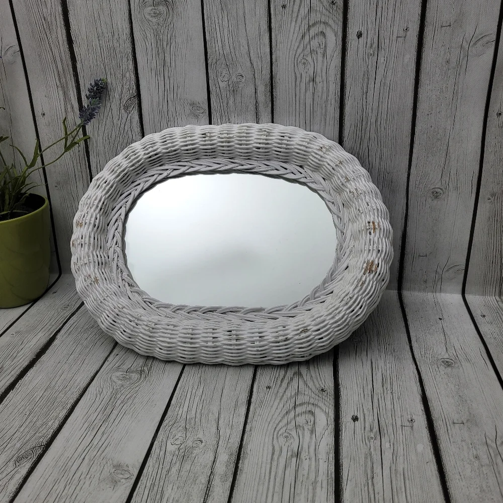 Vintage Distressed Oval White Wicker Mirror